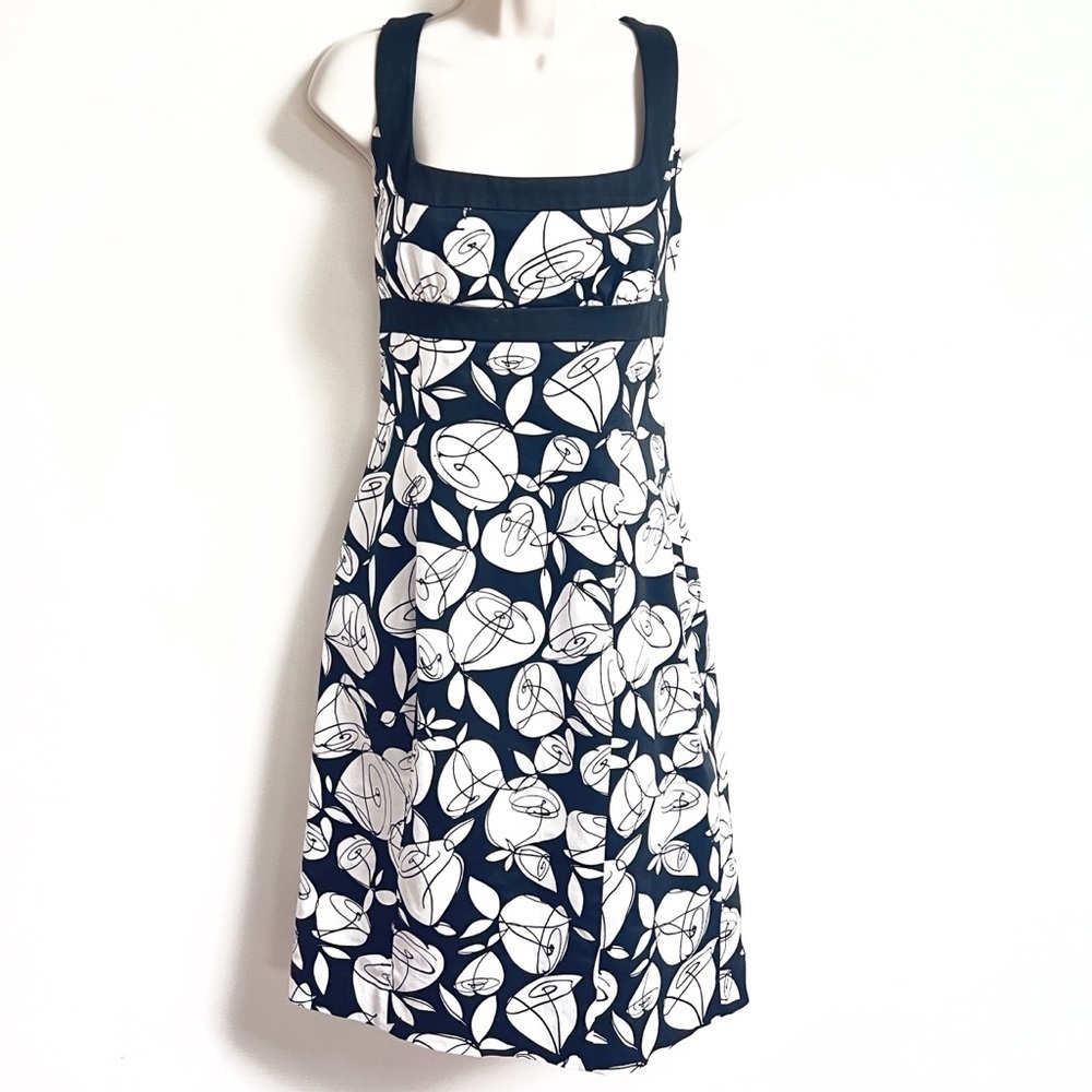 Evan Picone vintage ‘90s floral scoop neck midi dress black white stretch 8